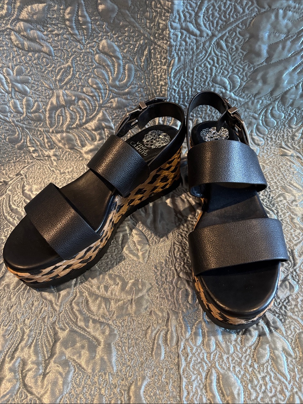 Vince Camuto Black Leather Wedge Sandals with Woven Platform